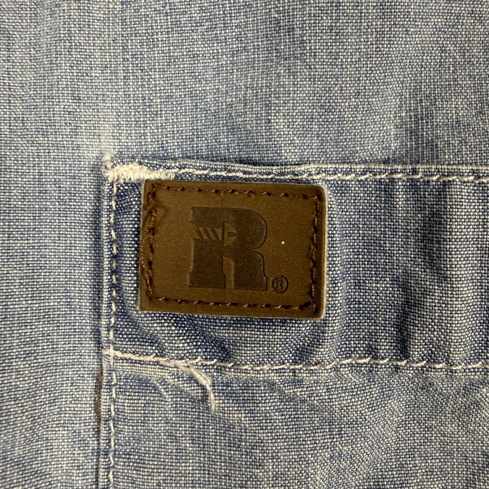 Wrangler Mens Shirt Riggs Workwear L Blue Denim 2-Pocket Distressed Short Sleeve - Picture 3 of 8